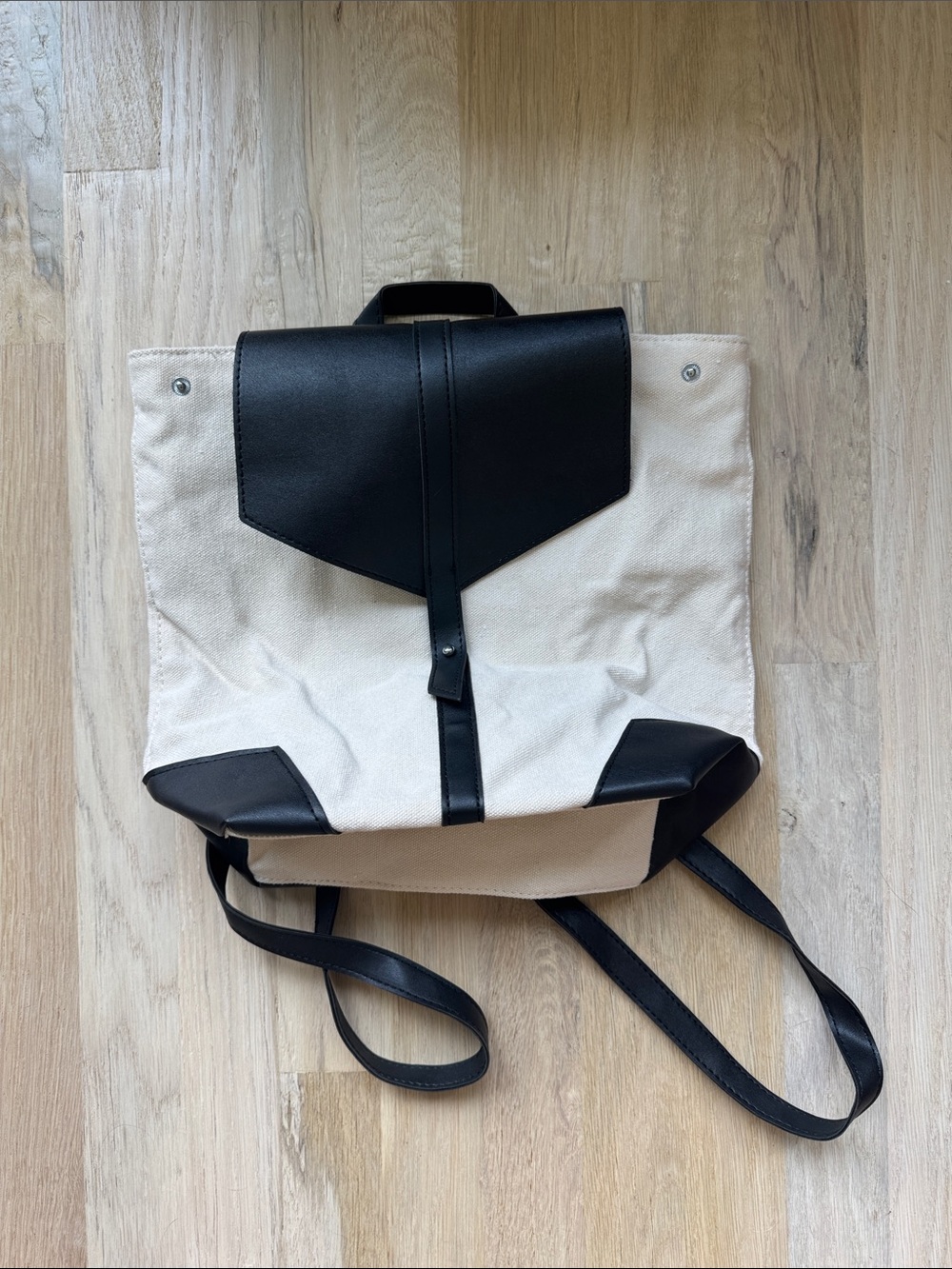 Canvas and Black Vegan Leather Two-Tone Backpack